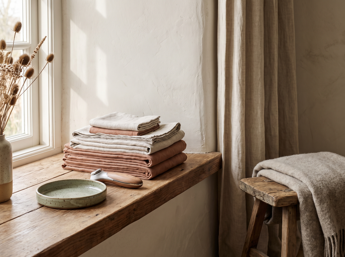 Folded towels and a skincare device on a wooden shelf
